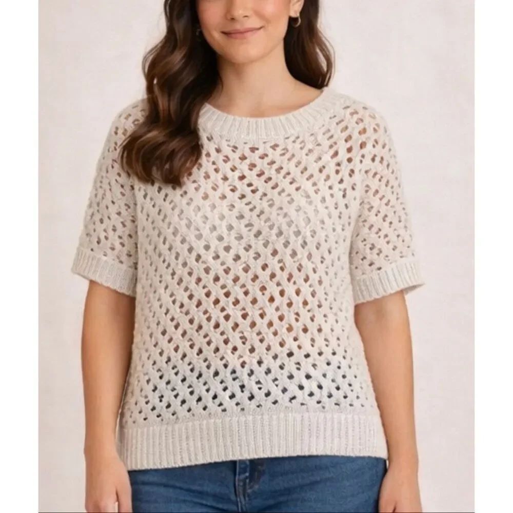 Ann Taylor Merino Wool open knit crewneck short sleeve sweater xs